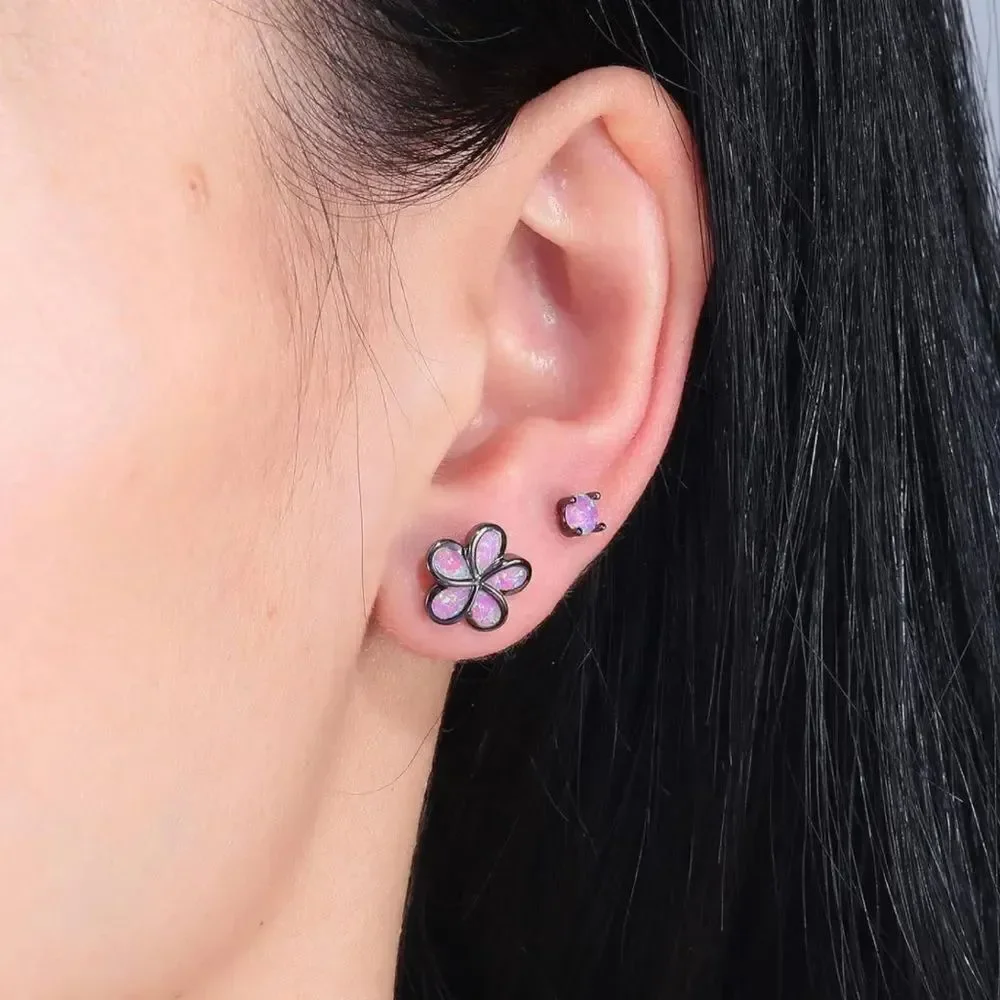 14K Black Gold with Genuine Purple Fire Opal Flower Post Stud Earrings Set of 2